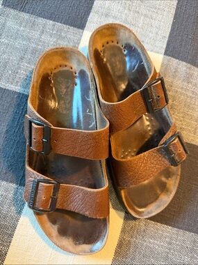 Mephisto Men's Brown Double-Strap Slide Sandals with Buckles
